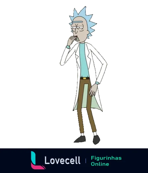 Rick Sanchez pensativo com a mão no queixo, vestindo jaleco branco e cabelo azul espetado da série Rick e Morty