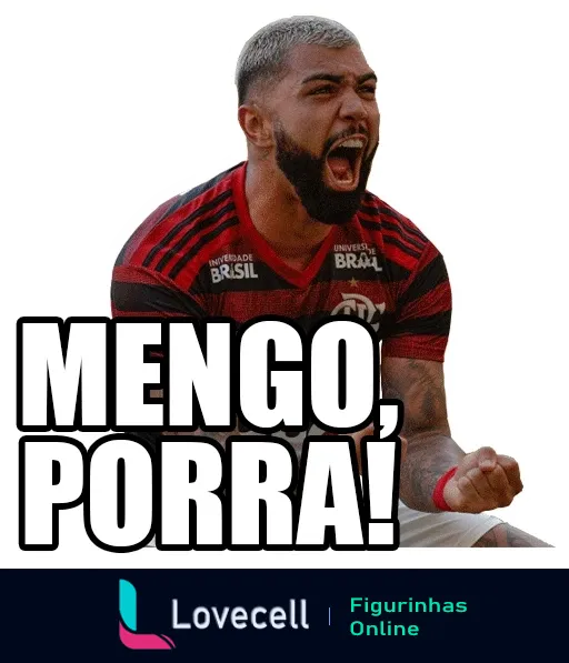 Jogador do Flamengo comemorando com a frase 'Mengo, porra!' destacada no uniforme do time, expressando emoção e paixão