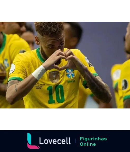 Jogador da Seleção Brasileira com camisa amarela número 10 fazendo gesto de coração com as mãos em celebração de gol