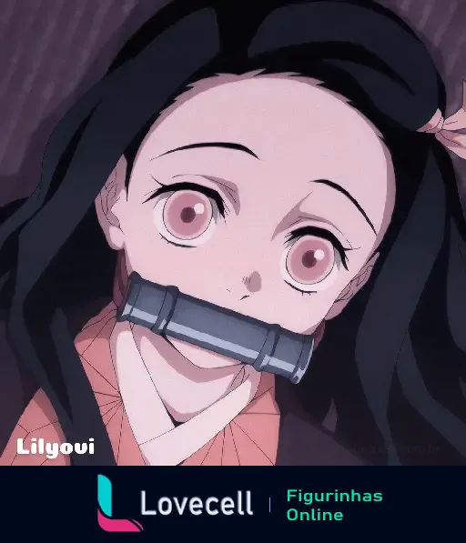 Imagem de Nezuko Kamado, personagem de anime, com expressão surpresa e um tubo de bambu na boca.