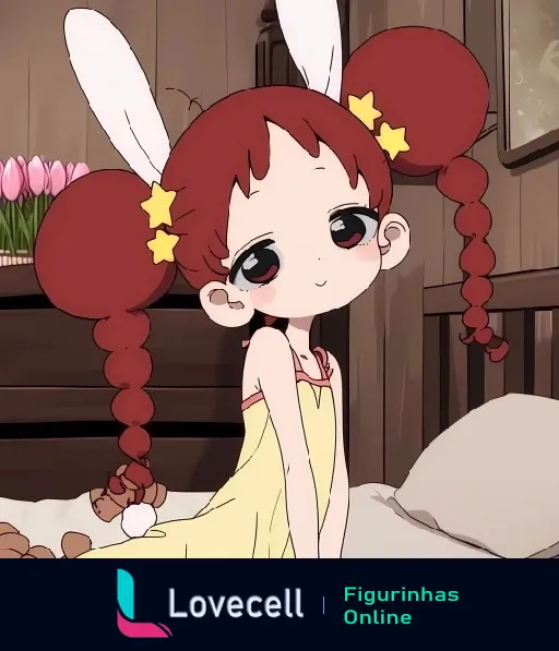 Garota anime kawaii com cabelo vermelho, tranças e orelhas de coelho, em um quarto com flores, expressando um ar inocente e doce.