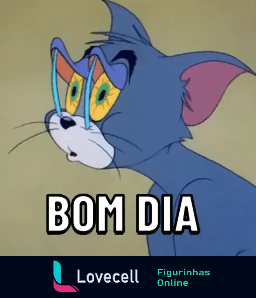 Imagem do Tom do desenho Tom e Jerry com olhos arregalados e cansados, com a frase 'BOM DIA' em letras maiúsculas e pretas abaixo.