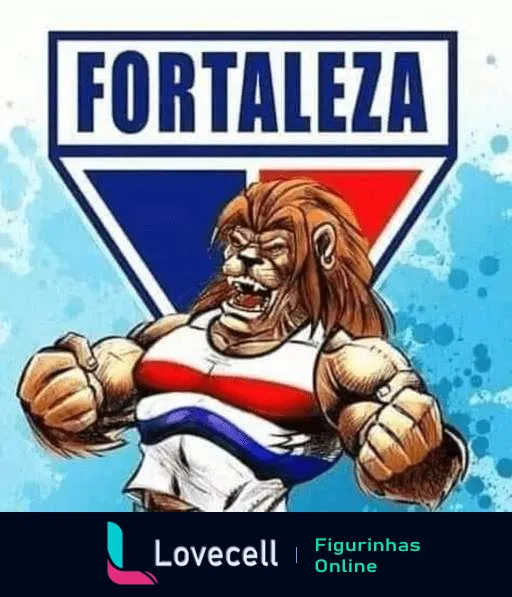 Mascote do Fortaleza Esporte Clube, um leão musculoso vestindo camiseta com cores do clube e escudo acima, simbolizando força e poder