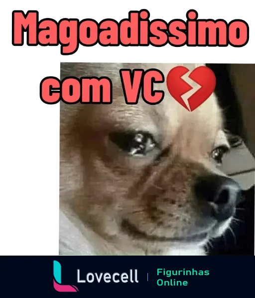 Figurinha de WhatsApp representando um cachorro de pelo claro e olhos destacados com expressão triste e magoada. Tem o texto 'Magoado com VC' e um emoji de coração partido simbolizando desapontamento ou tristeza.