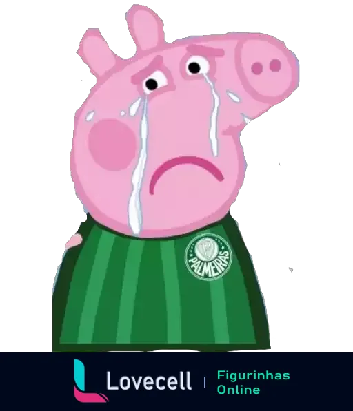 Peppa Pig chorando com camisa do Palmeiras, expressão triste e lágrimas exageradas