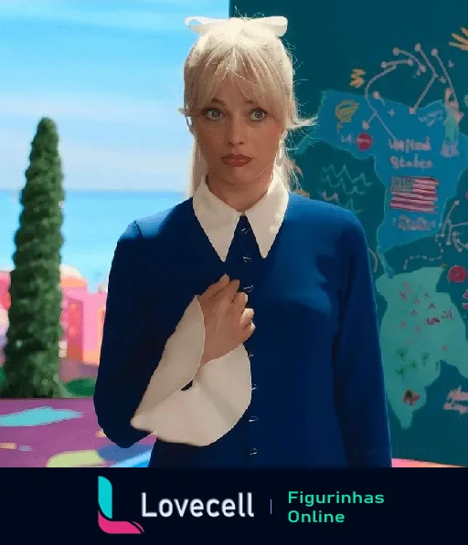 Figurinha de Margot Robbie como Barbie em um ambiente colorido, vestindo uma roupa azul com colarinho branco e expressão surpresa.