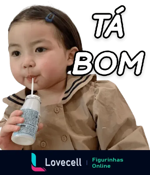 Criança bebendo iogurte com a expressão 'Tá bom'. Meme engraçado e adorável para expressar aceitação ou concordância.