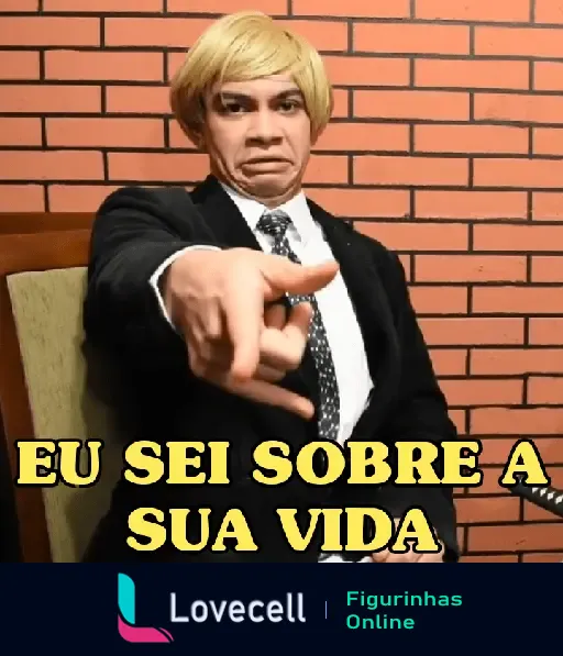 Imagem engraçada de personagem loiro apontando e dizendo 'Eu sei sobre a sua vida', humor de advogado, estilo MEMES - ADVOGADO PALOMA.