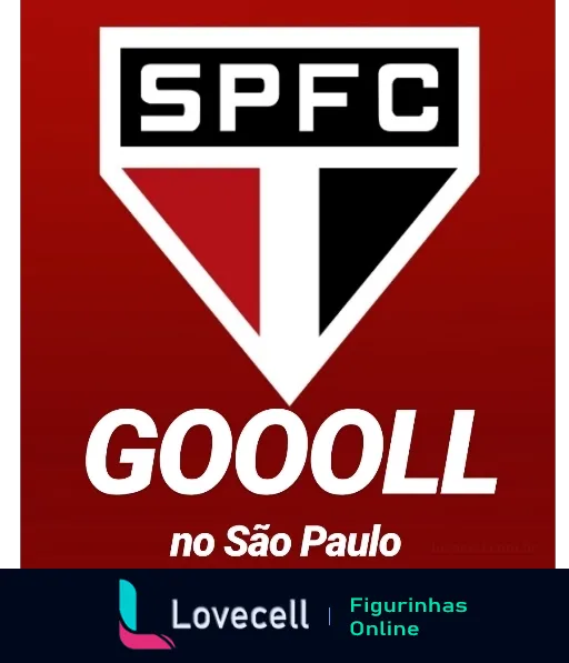 Figurinha com emblema do São Paulo Futebol Clube e a frase 'GOOOLL no São Paulo' em fundo vermelho