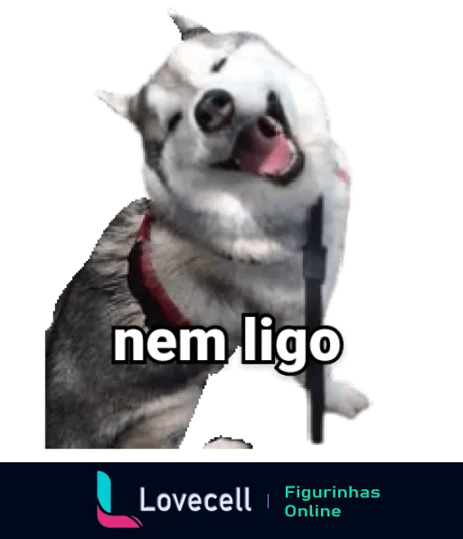 Figurinha de cachorro Husky com cabeça inclinada e olhos fechados, expressando desdém, com a frase 'nem ligo' em destaque