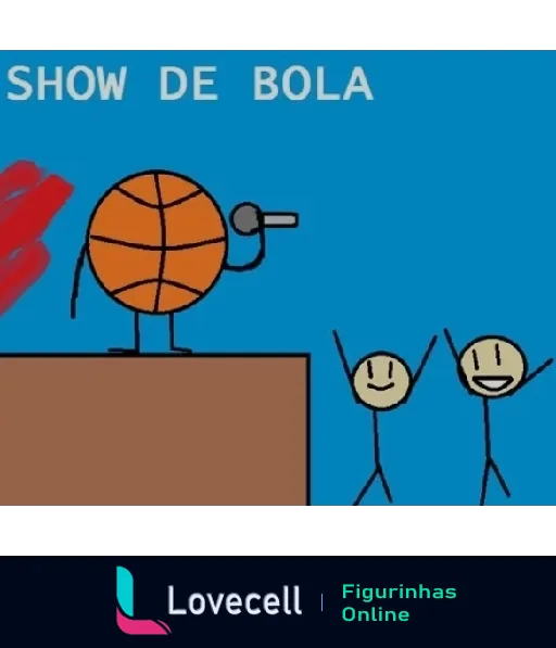 Desenho de um microfone saindo de uma bola de basquete com texto 'SHOW DE BOLA' acima, e dois personagens felizes assistindo a apresentação.