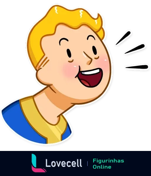 Fallout Vault Boy com cabelo loiro sorrindo amplamente enquanto fala. Ele veste seu uniforme azul e amarelo característico.