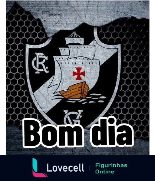 Figurinha do WhatsApp 'Bom dia Vasco' mostrando o escudo do Vasco da Gama em preto, branco e vermelho sobre fundo que imita concreto e metal, perfeita para saudações matinais entre torcedores.