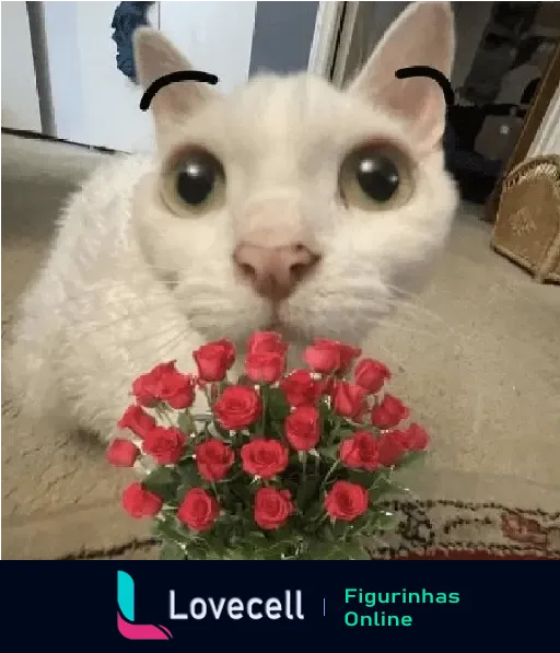 Foto de um gatinho fofo com olhos grandes e curiosos, cheirando um buquê de rosas vermelhas em um ambiente doméstico. Adicionada uma expressão divertida com sobrancelhas.