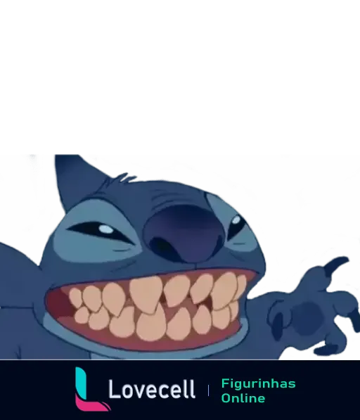 Imagem do Stitch mostrando os dentes em uma risada ampla, cena do famoso desenho Lilo e Stitch.