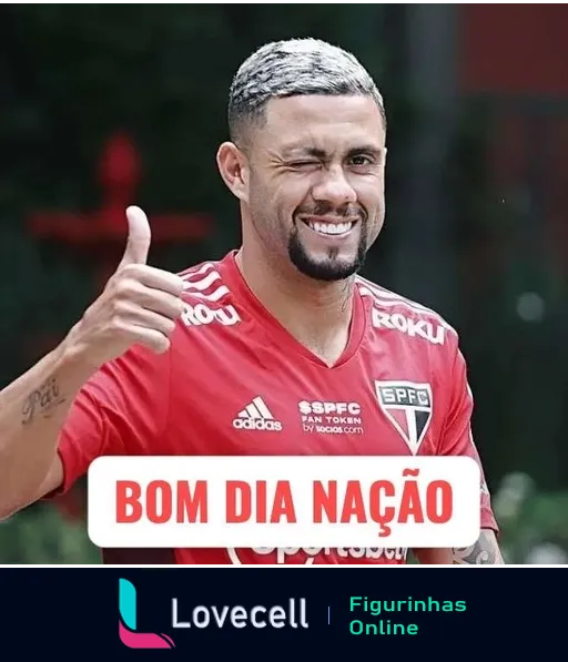 Figurinha de bom dia com jogador sorridente do São Paulo Futebol Clube fazendo gesto positivo