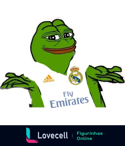 Desenho de Pepe Frog vestindo a camisa do Real Madrid com patrocínio Fly Emirates, fazendo um gesto de indiferença.