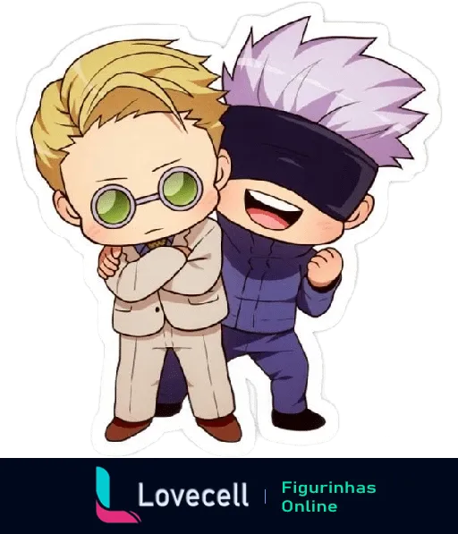 Figurinha de anime Jujutsu Kaisen com dois personagens em estilo chibi, um sério de óculos verdes e o outro sorridente com faixa preta nos olhos.