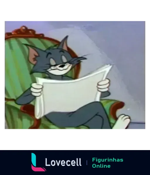 Tom, o gato da série Tom e Jerry, sentado em uma cadeira verde lendo um jornal com expressão de surpresa