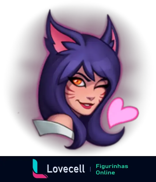 Figurinha de Ahri piscando um olho com um coração rosa ao lado, da série League of Legends Emotes, ideal para expressar carinho ou flerte.