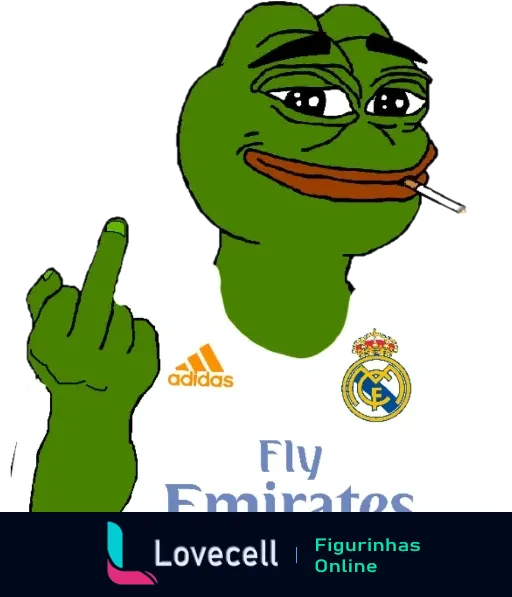 Desenho do Pepe the Frog usando a camisa do Real Madrid, com rosto exigente, fumando e levantando o dedo do meio.