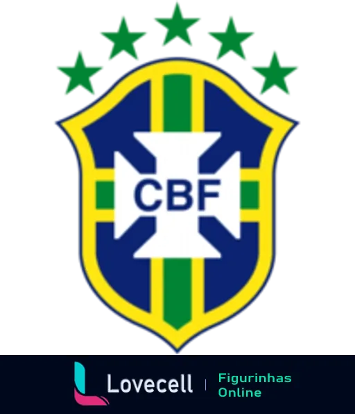 Escudo da CBF com retângulo vertical nas cores verde e amarela, estrelas verdes acima e letras 'CBF' em branco no centro