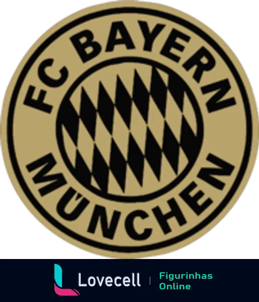 Figurinha do escudo do FC Bayern München em dourado com padrão losangular preto e branco e nome do clube ao redor