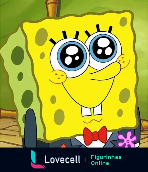 Bob Esponja em seu mood característico, usando um smoking e gravata borboleta vermelha, com olhos grandes e brilhantes, mostrando felicidade.