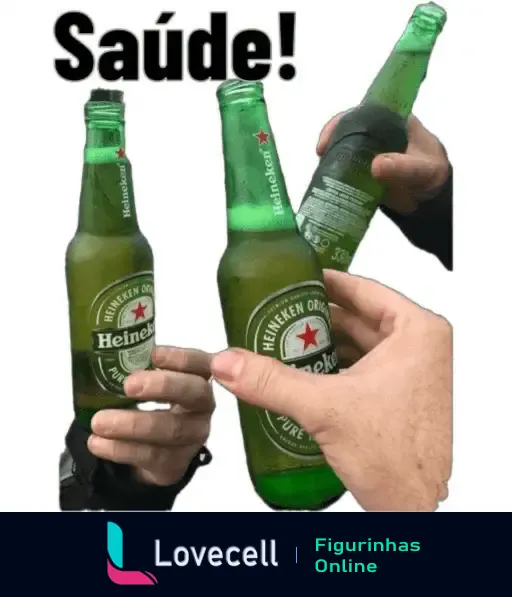 Figurinha de WhatsApp com garrafas de cerveja fazendo brinde e o texto 'Saúde!' - Ideal para momentos de celebração e início do final de semana