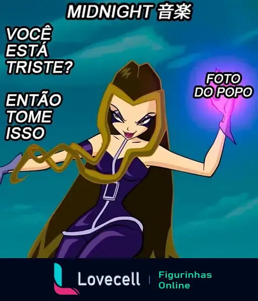 Imagem de uma personagem animada com um poder roxo na mão, dizendo: 'VOCÊ ESTÁ TRISTE? ENTÃO TOME ISSO - FOTO DO POPO'. Título: 'MIDNIGHT 音楽'.