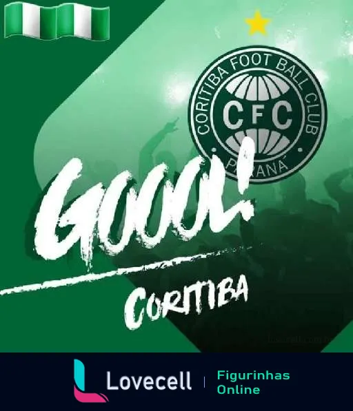 Figurinha comemorativa de gol do Coritiba Foot Ball Club, mostrando o escudo verde e branco do time e a palavra 'GOL!' em destaque