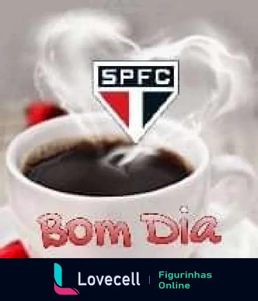 Figurinha de Bom Dia com xícara de café exalando vapor em forma de coração e escudo do São Paulo Futebol Clube