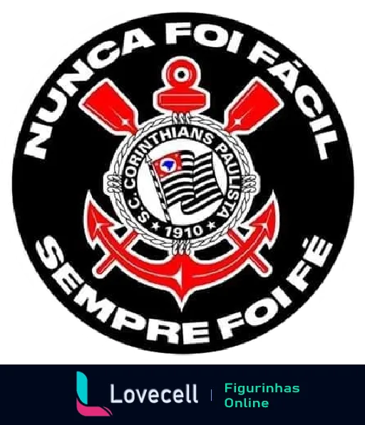 Emblema do Corinthians com frase 'Nunca Foi Fácil, Sempre Foi Fé', bandeira de São Paulo e ano 1910