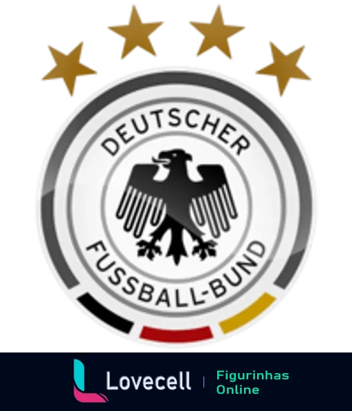 Escudo da Federação Alemã de Futebol com uma águia negra ao centro, cercado por três estrelas douradas e o texto 'Deutscher Fussball-Bund'.