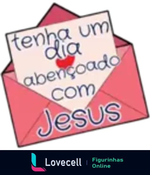 Envelope rosa com cartão saindo e texto 'tenha um dia abençoado com Jesus' em fontes vermelhas e azuis, decorado com um pequeno coração