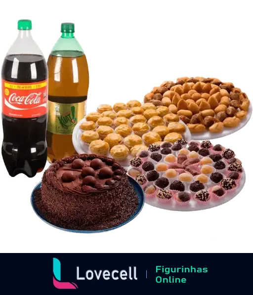 Figurinha de Feliz Aniversário com bolo de chocolate, brigadeiros, salgadinhos, pizza, Coca-Cola e Guaraná.