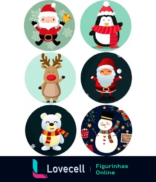 Figurinha com seis personagens natalinos fofos, incluindo vários Papais Noéis, uma rena, um urso e um pinguim, todos em trajes natalinos, com neve e estrelas ao fundo expressando o espírito de Natal