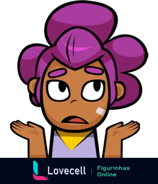 Personagem de Brawl Stars com cabelo roxo e expressão de dúvida, levantando os ombros em um gesto de 'não sei'.