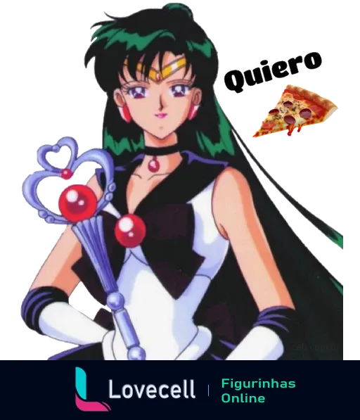 Figurinha da Sailor Pluto segurando um cetro com uma fatia de pizza e a palavra 'Quiero' em destaque.