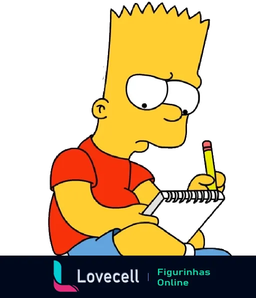 Bart Simpson concentrado escrevendo em um caderno, sério e aplicado, em uma cena rara de estudo