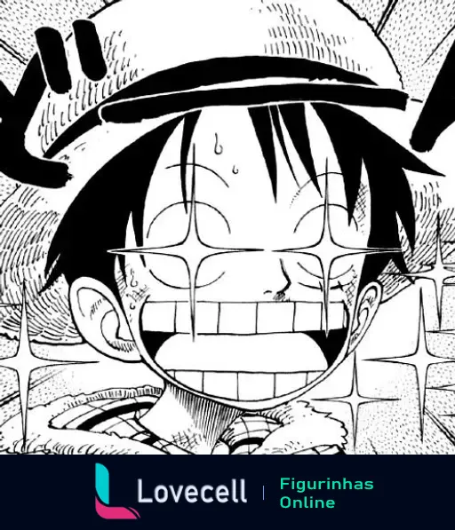 Personagem Luffy do anime One Piece, sorrindo com dentes brilhantes e olhos estrelas, expressando alegria e entusiasmo.