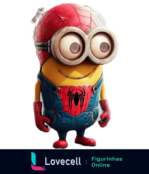 Minion vestido de Homem-Aranha com uniforme vermelho e azul, inspirado na série 'MINIONS - Heróis e Vilões', usando máscara e teias.